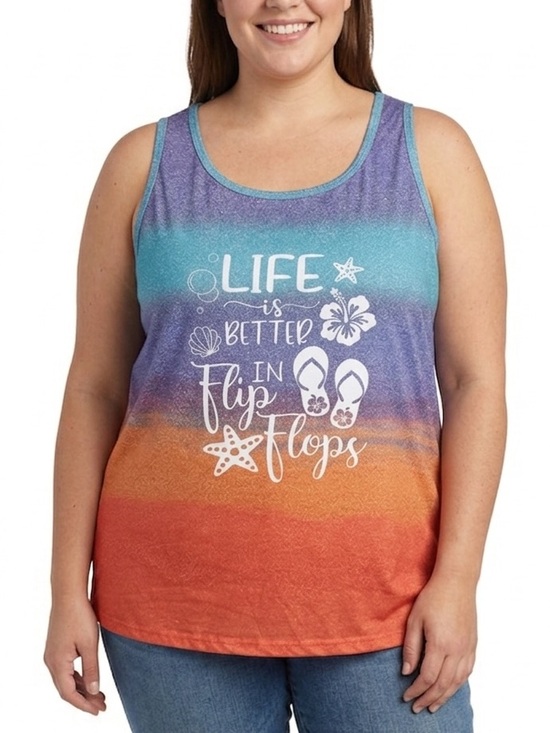 Tops - Life Is Better In Flip Flops Ombre Tank Top - Teal, Purple, Orange, Red Size 5XL